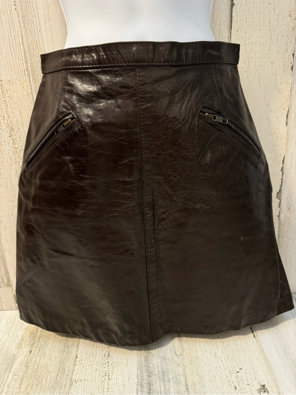 Patrizia Pepe Vintage Leather Crackled Brown Pockets Lined Zip Up Mini Skirt 10